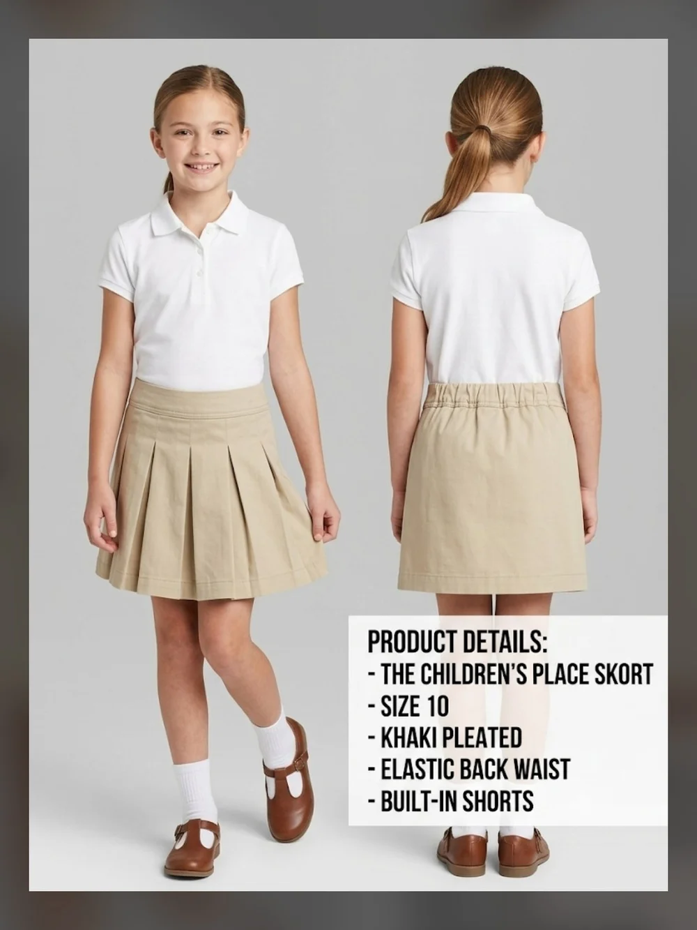 The Children's Place Girls' Khaki Uniform Pleated Skort Sz 10 - 97% Cotton